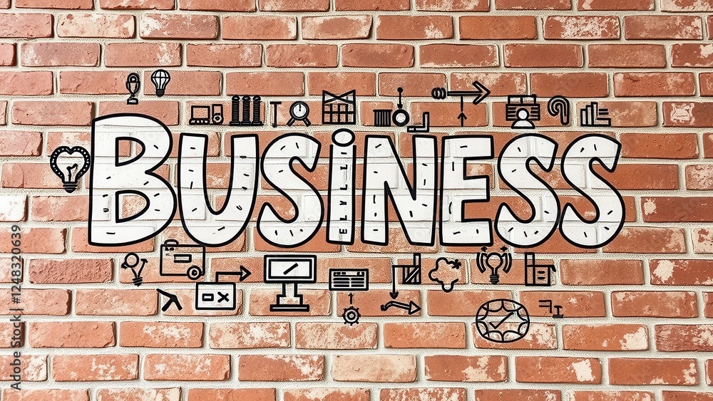 Obraz premium Word BUSINESS with doodle pictures around on the brick wall.