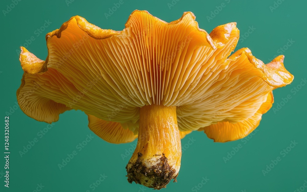 A golden chanterelle mushroom floating mid air with soft highlights on a bright green background A golden chanterelle mushroom floating mid air with soft highlights on a bright green background