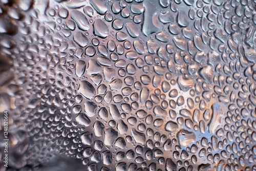Close-up of water drops on metal surface in high resolution showing condensation of water droplets on metal surface. Intricate patterns and different sized water droplets create a beautiful abstrac