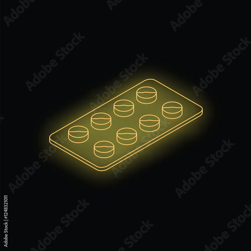 Yellow neon blister pack of pills lying on black background, isometric view