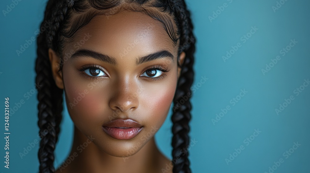 Close-up of a Young Woman With Braided Hair Against a Blue Backdrop. Generative AI Close-up of a Young Woman With Braided Hair Against a Blue Backdrop. Generative AI