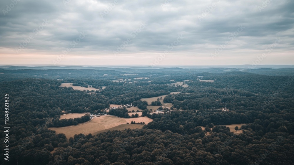 Fototapeta premium Aerial View of Lush Green Fields and Rolling Hills Under Cloudy Sky