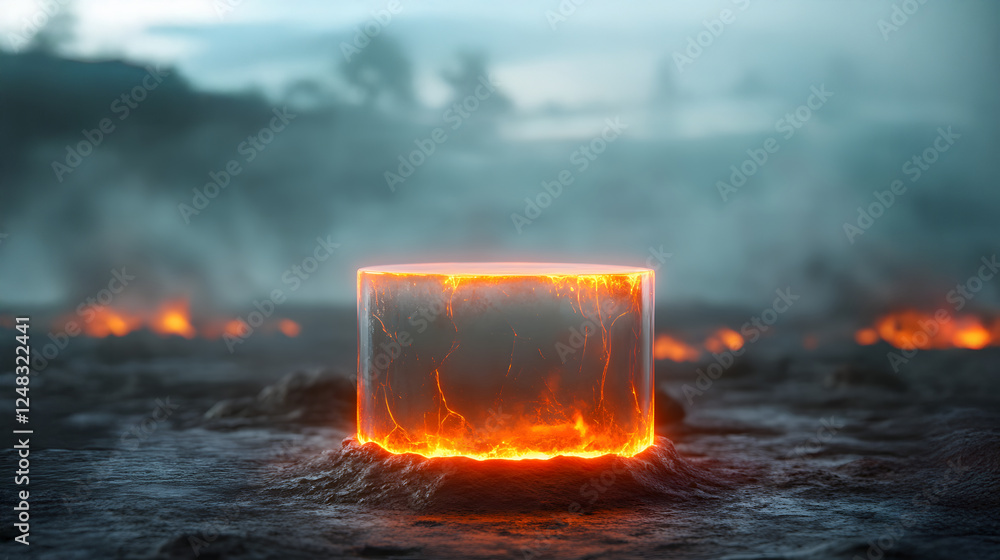 Luminous lava podium stand volcanic crater visual art surreal environment close-up view dynamic energy Luminous lava podium stand volcanic crater visual art surreal environment close-up view dynamic energy