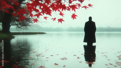 Solitary figure stands in a serene lake surrounded by vibrant red autumn leaves Reflections create an ethereal mood Still water