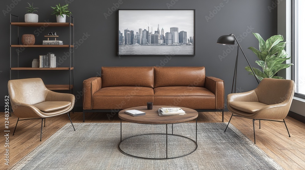 Fototapeta premium Modern Living Room with Brown Sofa and Stylish Decor Elements