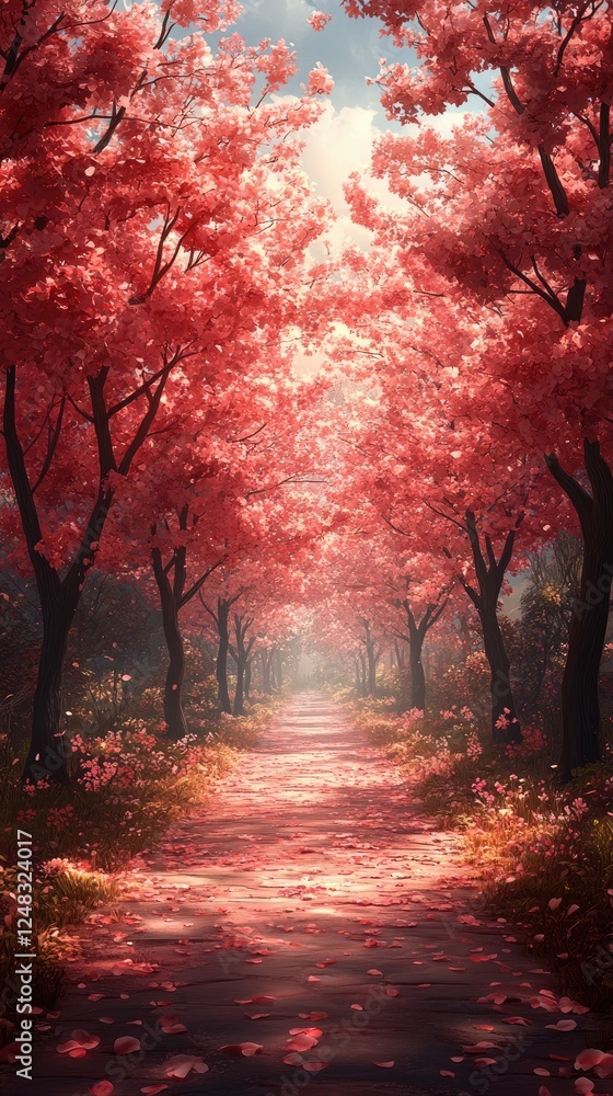 Serene pathway lined with vibrant pink cherry blossoms in a tranquil forest setting Serene pathway lined with vibrant pink cherry blossoms in a tranquil forest setting