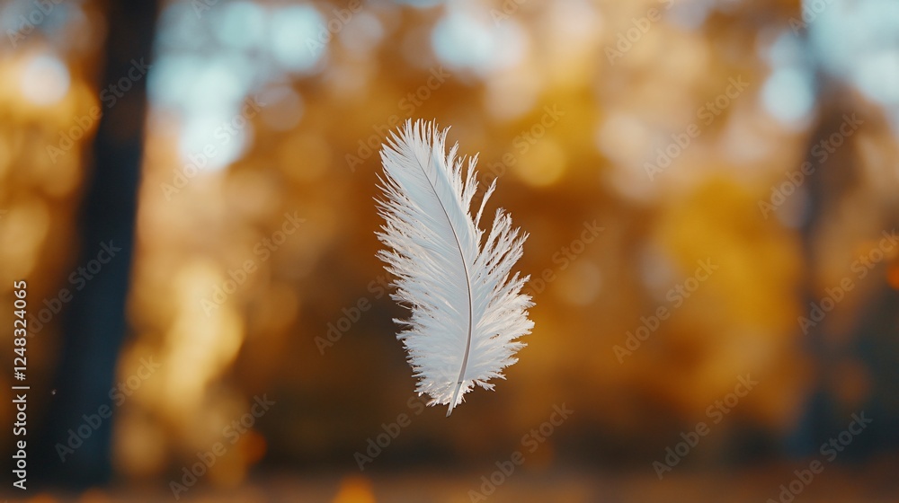 Single White Feather Floating in Autumnal Forest Backdrop Single White Feather Floating in Autumnal Forest Backdrop