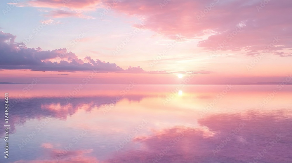 Obraz premium Serene morning at a still lake capturing the pastel hues of sunrise and deep tranquility. Generative AI