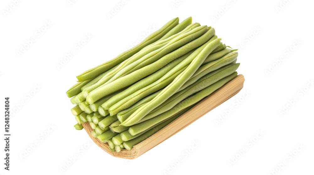 Fresh Organic String Beans Stacked Neatly in Natural Bamboo Container on White Background Fresh Organic String Beans Stacked Neatly in Natural Bamboo Container on White Background