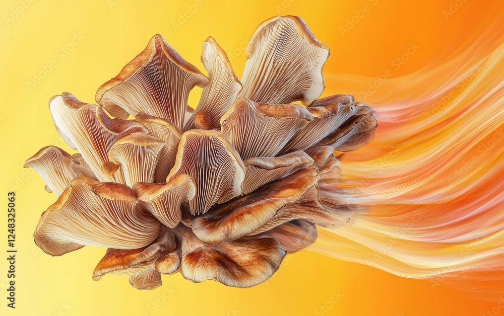 A maitake mushroom cluster flipping dynamically in motion on a bright yellow and orange gradient background A maitake mushroom cluster flipping dynamically in motion on a bright yellow and orange gradient background