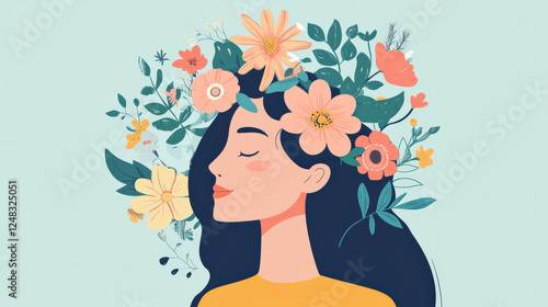 Woman meditates with flowers, finds inner peace