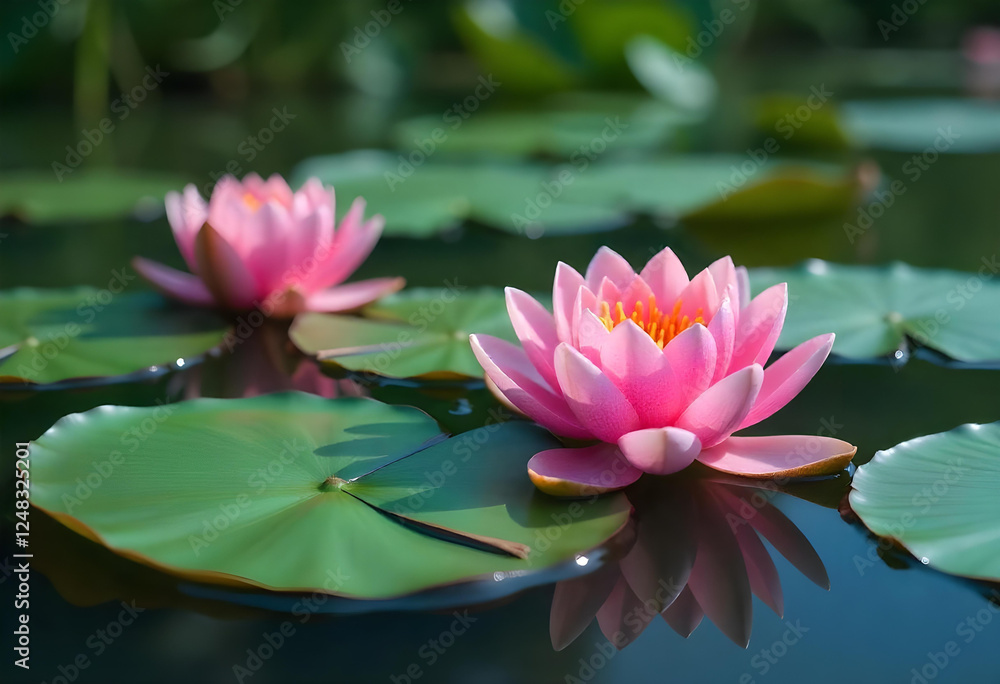 Serene Pink Water Lilies in Full Bloom – Vibrant Green Lily Pads Floating on Tranquil Water, Reflecting Soft Light and Creating a Peaceful, Nature-Inspired Aquatic Scene Serene Pink Water Lilies in Full Bloom – Vibrant Green Lily Pads Floating on Tranquil Water, Reflecting Soft Light and Creating a Peaceful, Nature-Inspired Aquatic Scene