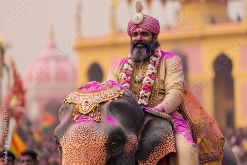 An Indian man joyfully rides a decorated elephant during the Holi festival, surrounded by clouds of vibrant colored powder. photo