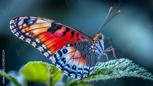 A butterfly with vibrant red, orange, and blue wings rests delicately on a green leaf, antennae extended. photo