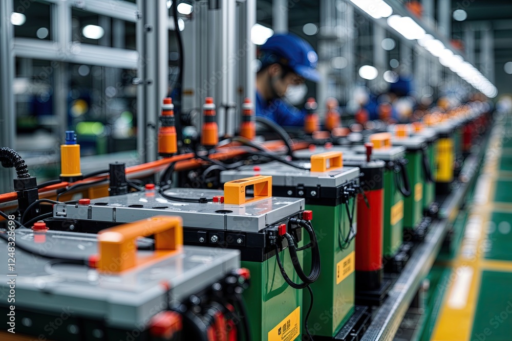 Close-up View of Electric Car Battery Cell Assembly Line in Manufacturing Industry Close-up View of Electric Car Battery Cell Assembly Line in Manufacturing Industry