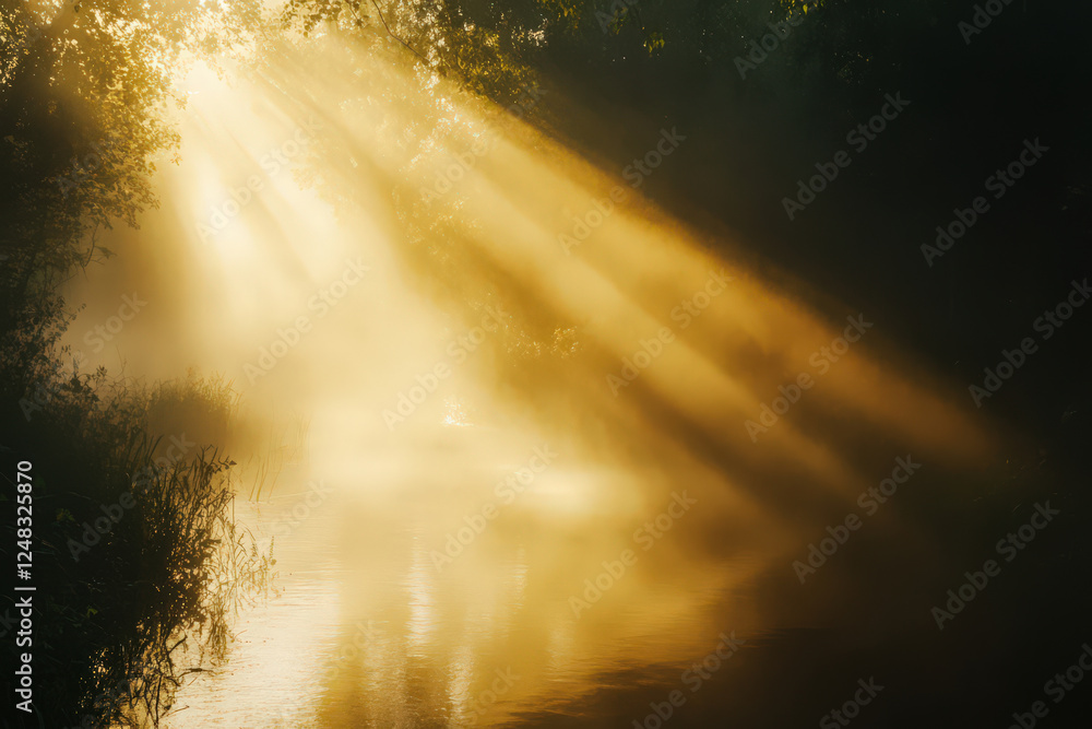 Fototapeta premium Light rays shine through mystic fog creating wonder
