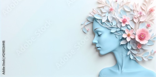 Beauty of a serene blue sculpture with floral details, showcasing a tranquil expression and intricate design against a soft background. For the International Women's Day