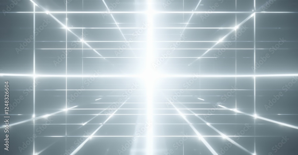 Thin intersecting beams of white light form a luminous grid, creating a futuristic and dynamic structure. The beams radiate from a central point, giving a sense of energy