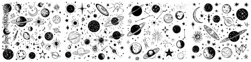 Cosmic pattern with planets, stars, and moons creating a whimsical space-themed design
