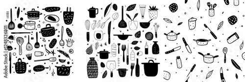 Kitchen utensils and ingredients create vibrant visual patterns for culinary inspiration in a minimalistic style