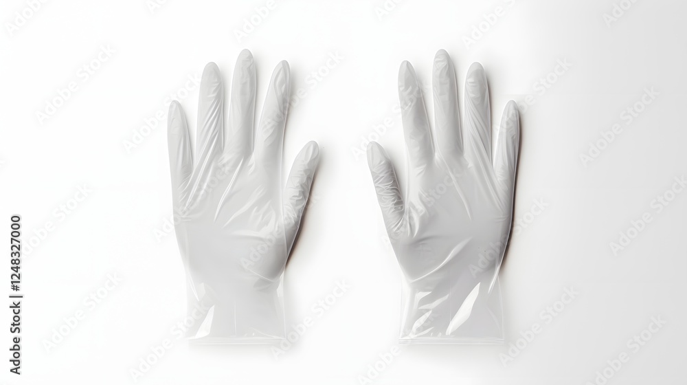 Obraz premium Neatly arranged white latex free disposable gloves laying flat on a bright clean white surface background Medical and healthcare protection concept with essential hygiene and safety equipment