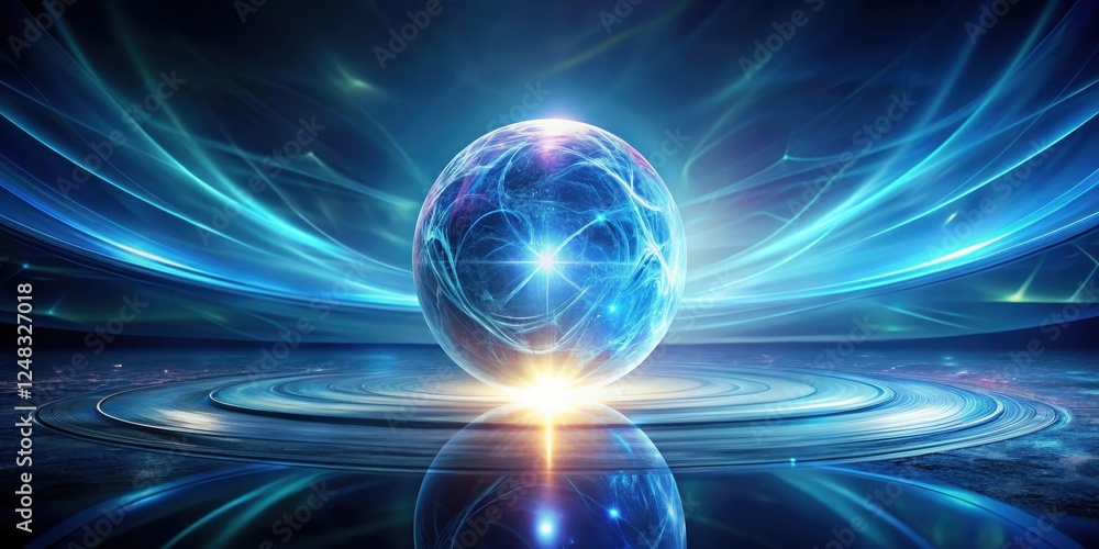 Luminous Orb Rests on a Circular Platform Amidst a Dynamic, Abstract Energy Field of Swirling Blue Light Streaks Luminous Orb Rests on a Circular Platform Amidst a Dynamic, Abstract Energy Field of Swirling Blue Light Streaks
