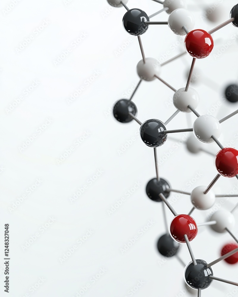 Obraz premium A molecular structure featuring interconnected atoms represented by colored spheres on a light background.