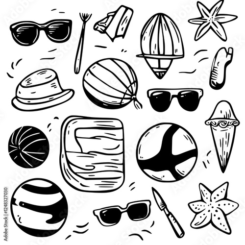 Collection of beach accessories and toys featuring sunglasses, balls, and sea stars in a playful and artistic arrangement