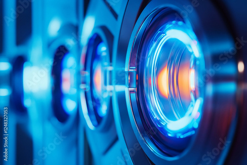 Close-up view of illuminated circular lenses in futuristic technology setup at night