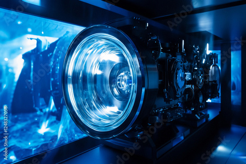 Close-up view of illuminated circular lenses in futuristic technology setup at night
