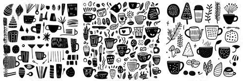 Various hand-drawn cup designs featuring plants, nature, and abstract patterns in black on a white background