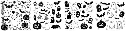 Colorful Halloween-themed doodles featuring ghosts, bats, and pumpkins for festive fun