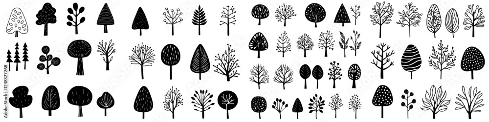 Fototapeta premium Various styles of trees and plants in black and white design for creative projects