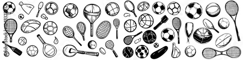 Various sports equipment illustrations featuring tennis rackets, soccer balls, and basketballs in a monochrome design