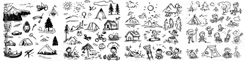 Creative hand-drawn illustrations of camping and outdoor activities in a forest setting