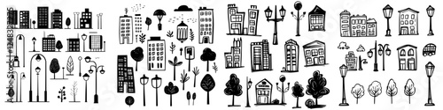Urban landscape sketch featuring diverse buildings, trees, and street elements in a whimsical style