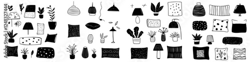 Decorative designs of plants, lamps, and cushions in a modern, monochrome style for home decor inspiration