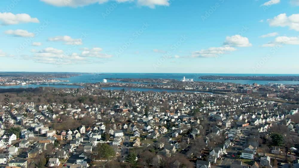 Aerial panoramic view of coastal American township Aerial panoramic view of coastal American township