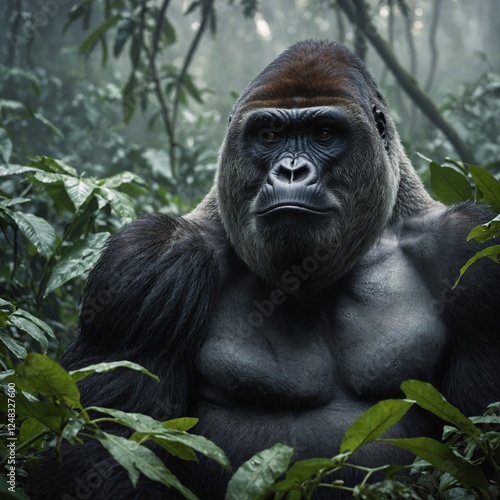 A striking image of a gorilla in the misty jungle, emphasizing the importance of protecting primates.