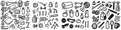 Detailed collection of fitness and exercise equipment drawn in black and white, showcasing various items for training and workout routines