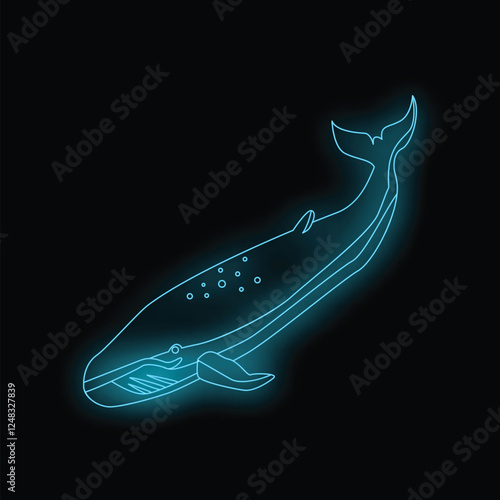 Blue whale swimming underwater in neon light style on a black background