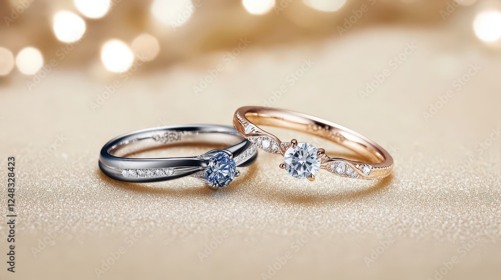 Two wedding rings with diamonds on a gold background showcasing elegant design and craftsmanship Two wedding rings with diamonds on a gold background showcasing elegant design and craftsmanship