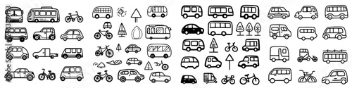 Vehicles and Transportation Icons in Various Styles Displayed in a Creative Pattern