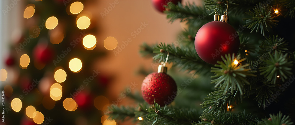 Festive Christmas Tree with Red Ornaments and Warm Holiday Lights in Cozy Indoor Setting Festive Christmas Tree with Red Ornaments and Warm Holiday Lights in Cozy Indoor Setting