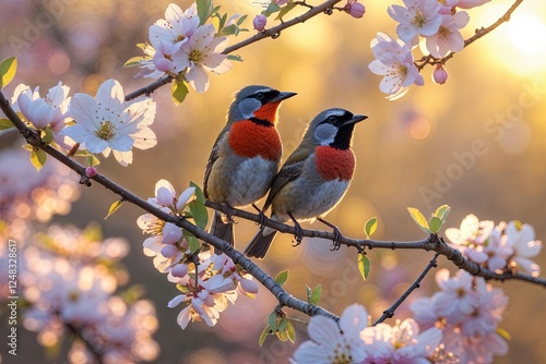 Vibrant Songbirds on Flowering Branches in Warm Spring Light photo