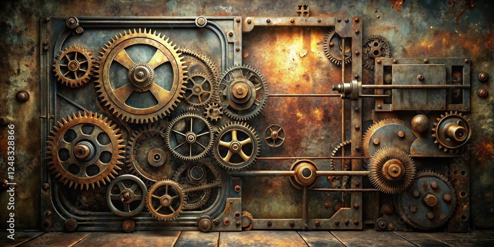 Intricate Steampunk Gear Mechanism on Rustic Metal Panel, a Detailed Display of Interlocking Cogs and Wheels, Showing Industrial Design and Mechanical Engineering Intricate Steampunk Gear Mechanism on Rustic Metal Panel, a Detailed Display of Interlocking Cogs and Wheels, Showing Industrial Design and Mechanical Engineering