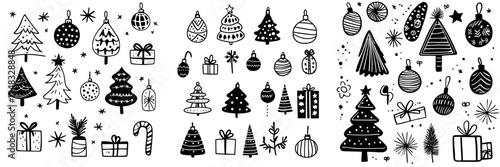 Decorative black and white Christmas illustrations featuring trees, ornaments, gifts, and festive elements for holiday themes