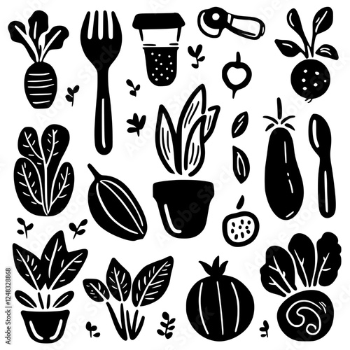 Variety of garden plants and gardening tools illustrated in bold black and white design showcasing food cultivation elements