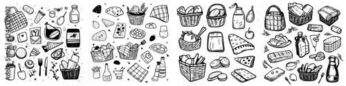 Collection of hand-drawn food items and grocery baskets showcasing various ingredients and snacks in a minimalist style