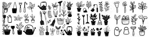 Variety of hand-drawn plants and gardening tools arranged in a creative display